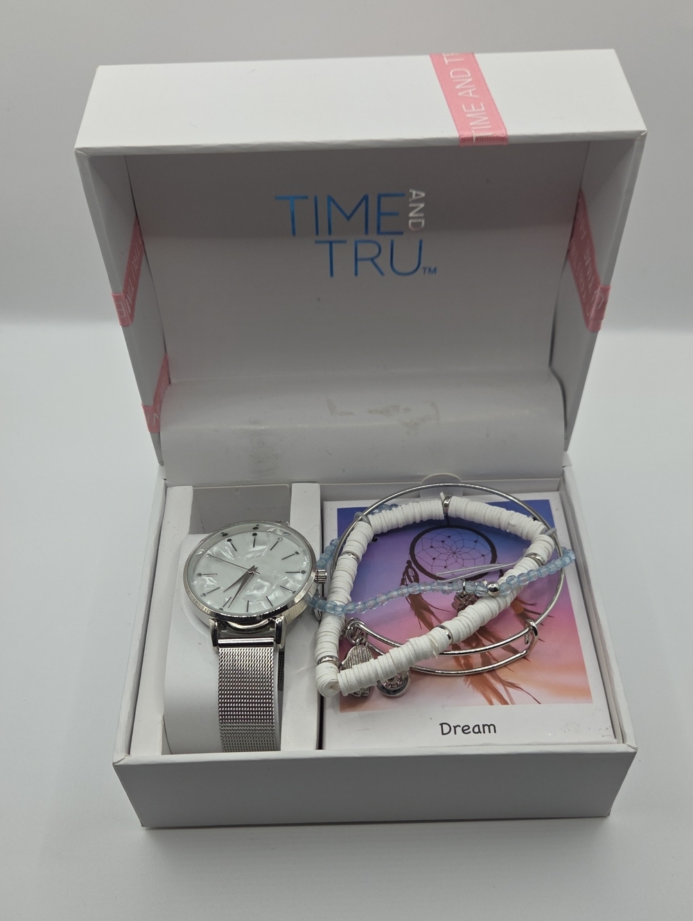 Time and Tru Silver Watch with White and Light Blue Bracelet Stack